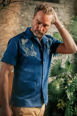 Club Shirt Koi Carp Embroidered Blue