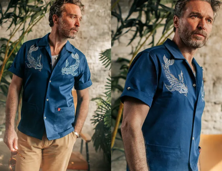 Club Shirt Koi Carp Embroidered Blue