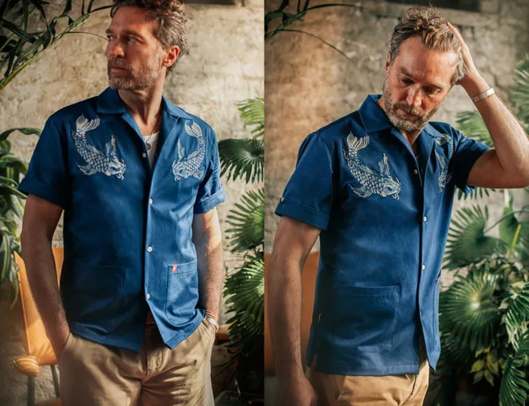 Club Shirt Koi Carp Embroidered Blue