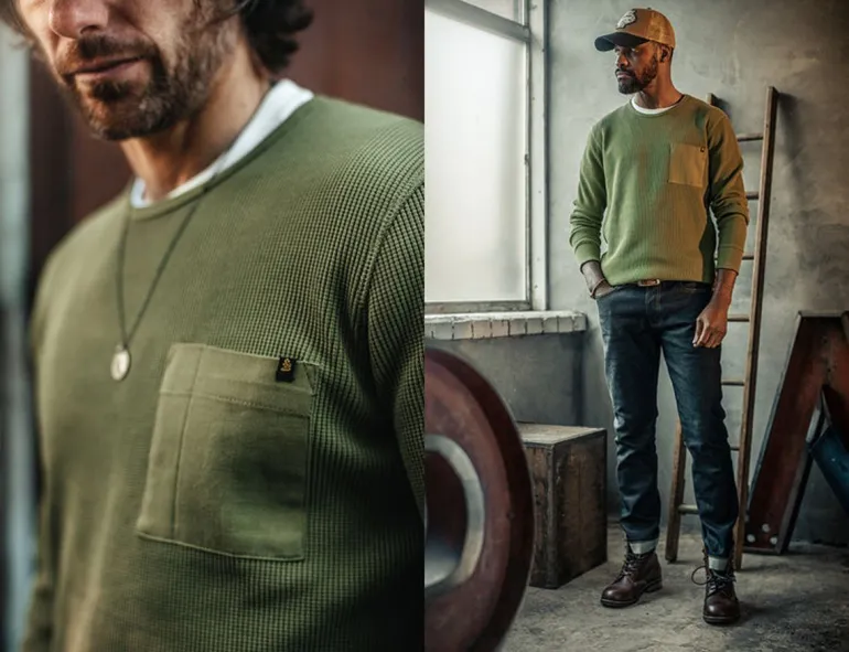 &Sons Glen Pocket Waffle Crew Surplus Green