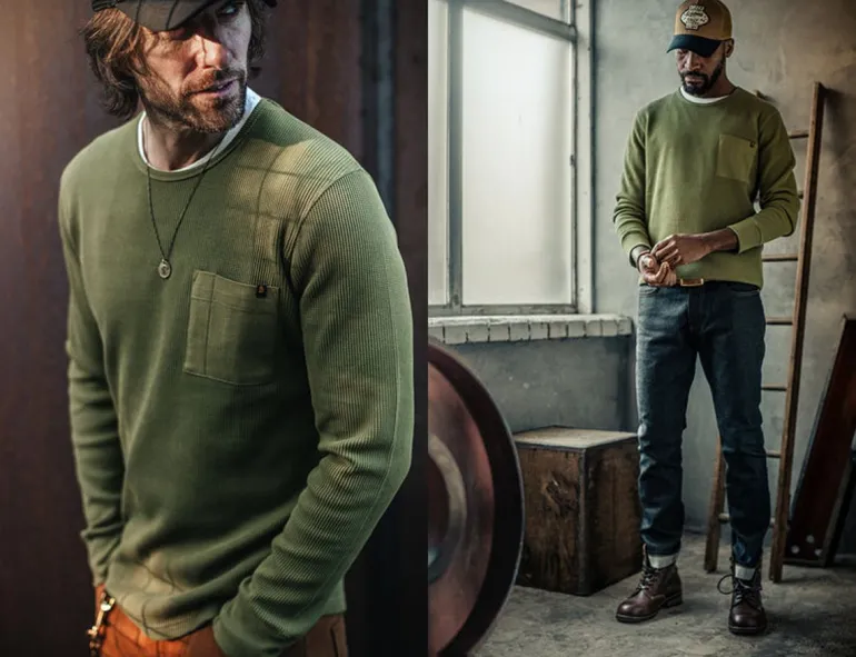 &Sons Glen Pocket Waffle Crew Surplus Green