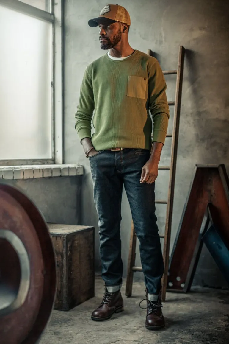 &Sons Glen Pocket Waffle Crew Surplus Green