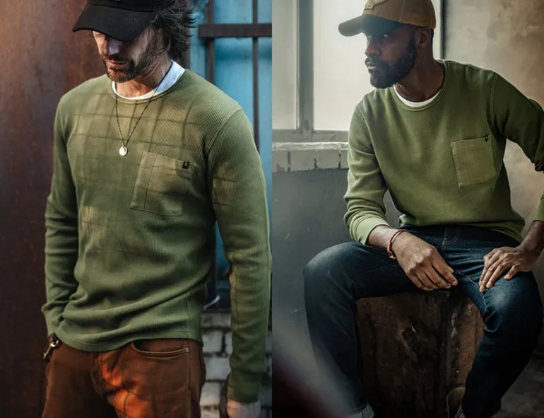 &Sons Glen Pocket Waffle Crew Surplus Green