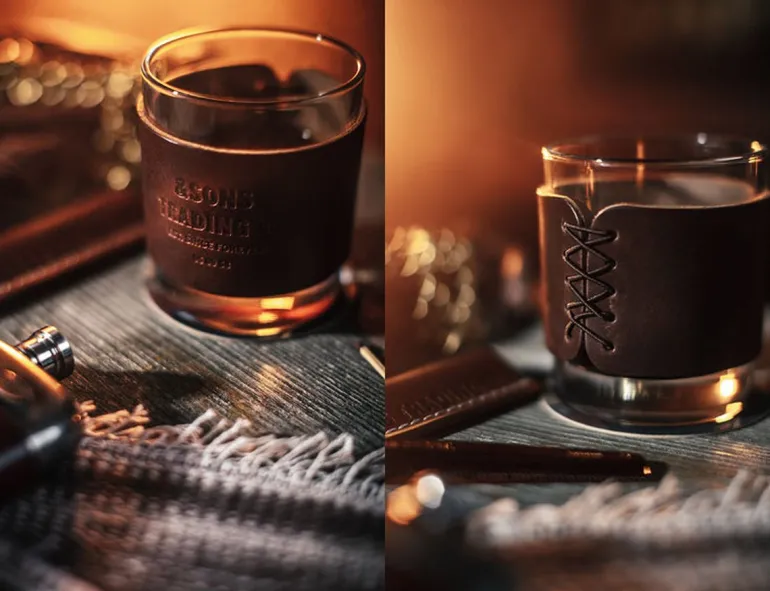&Sons Leather Whiskey Glass Band Brown
